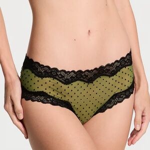 Victoria's Secret Tease Mesh Lace-Trim Cheeky Panty Woodland Green Large NEW